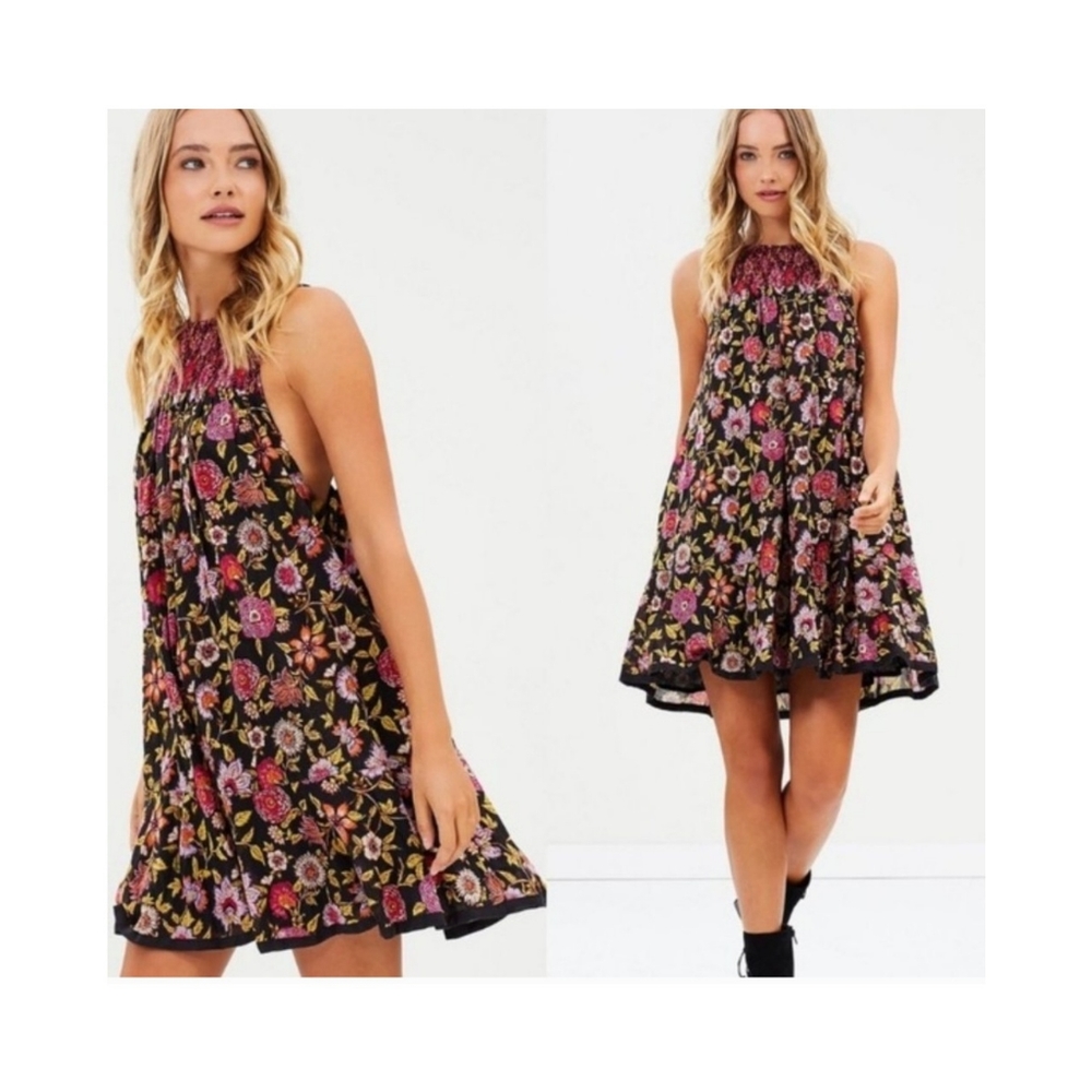 Free People size XS Oh Baby Dark floral smocked boho relaxed mini dress - Picture 1 of 10